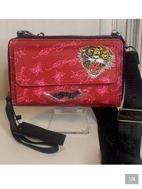 Ed Hardy Y2K Roaring Tiger Convertible Wallet Crossbody Red Pink NWT EHW111105L